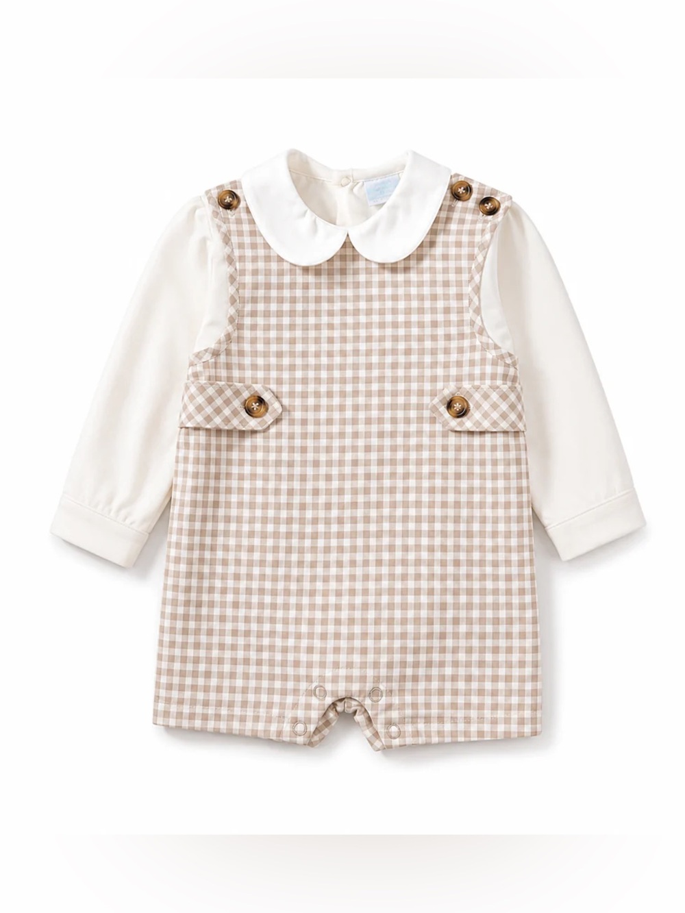 Edgehill Collection Beige Gingham Baby Romper with White Collar NWT